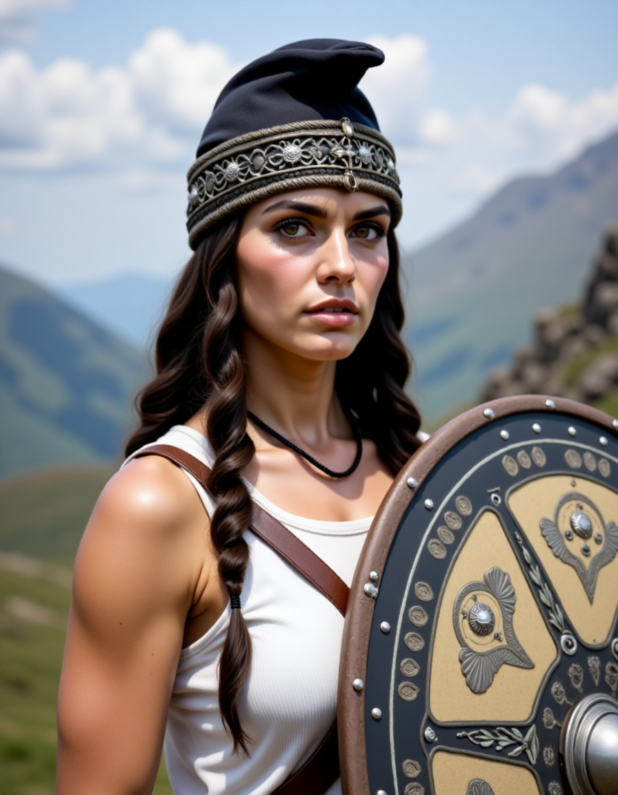 Dacian a woman with a falx and a white shirt is standing in front of a mountain. Woman wear a dacian hat and hold a dacian decorated ovel shield. <lora:DaciiV6:1>