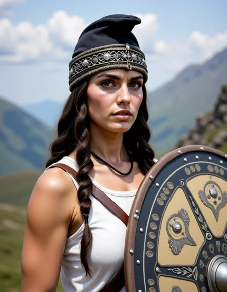 Dacian a woman with a falx and a white shirt is standing in front of a mountain. Woman wear a dacian hat and hold a dacian decorated ovel shield. <lora:DaciiV6:1>