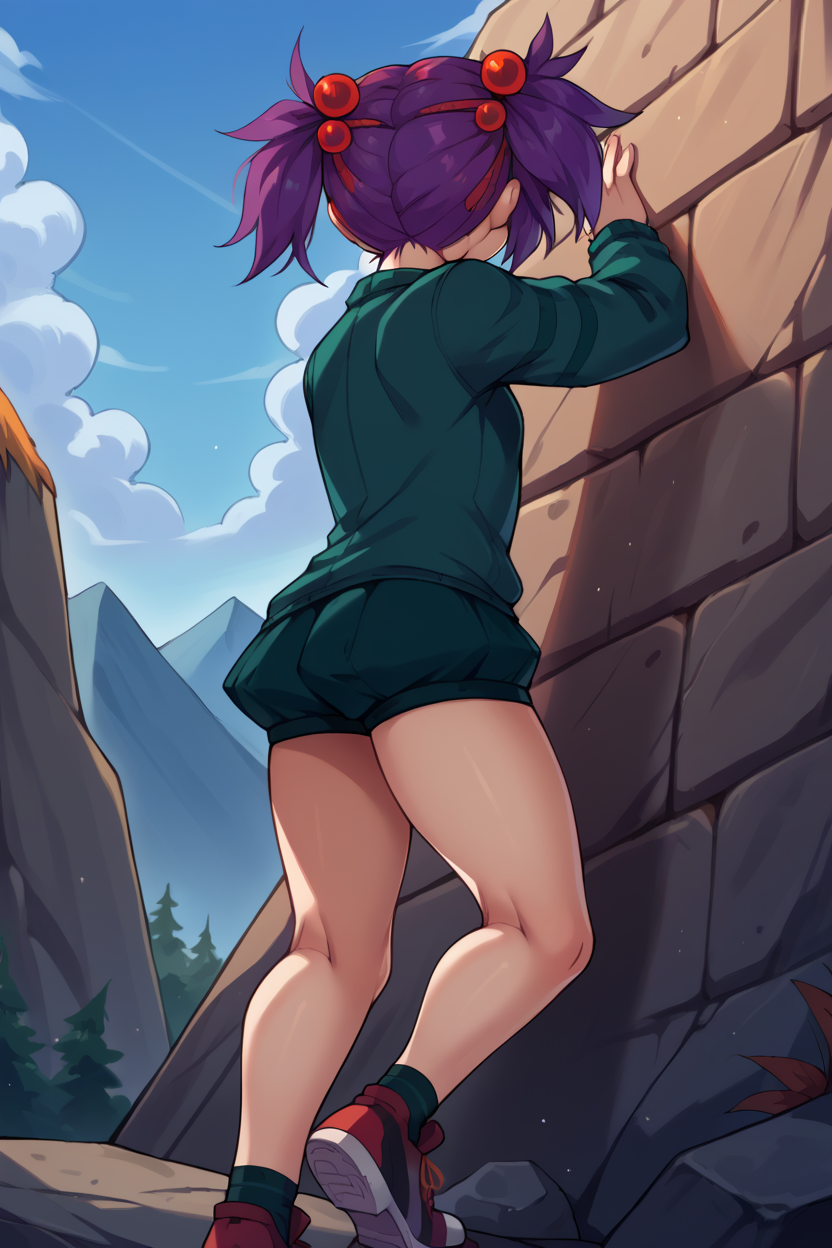 score_9, score_8_up, score_7_up, score_6_up, source_anime, BREAK 1girl,  <lora:mccavespider-pdxl-nvwls-v1-000005:1> spid3r, short twintails, purple hair, hair bobbles, green sweater, green shorts, rock climbing, mountain, wall, blue sky, ledge, mountainside