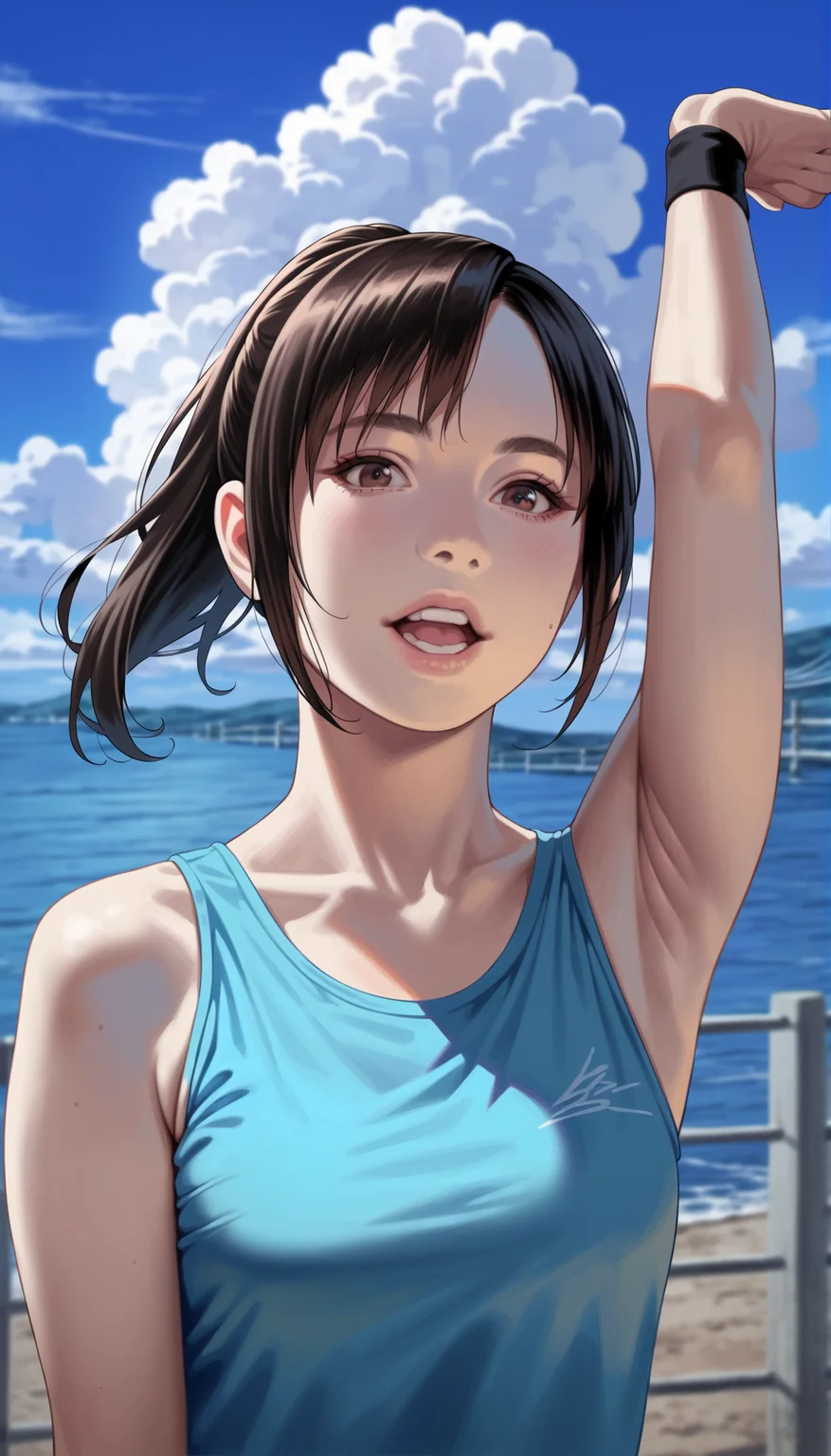 score_9,score_8_up,score_7_up,
highly detailed,highres,photorealism,(realistic:1.2),
<lora:miiyamotohikari:0.9>,miiyamotohikari,
1girl,solo,black hair,bangs,ponytail,brown eyes,open mouth,looking at viewer,cyan tank top,black shorts with side stripe,black wristband,upper body,in a stretching pose with left arm extended across the body supported by the right hand,from below,
blurry background,outdoors,sky,ocean,cloud,sea fence,bridge in the background,distant mountains,soft clouds drifting,summer,