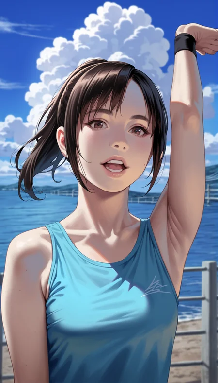 score_9,score_8_up,score_7_up,
highly detailed,highres,photorealism,(realistic:1.2),
<lora:miiyamotohikari:0.9>,miiyamotohikari,
1girl,solo,black hair,bangs,ponytail,brown eyes,open mouth,looking at viewer,cyan tank top,black shorts with side stripe,black wristband,upper body,in a stretching pose with left arm extended across the body supported by the right hand,from below,
blurry background,outdoors,sky,ocean,cloud,sea fence,bridge in the background,distant mountains,soft clouds drifting,summer,