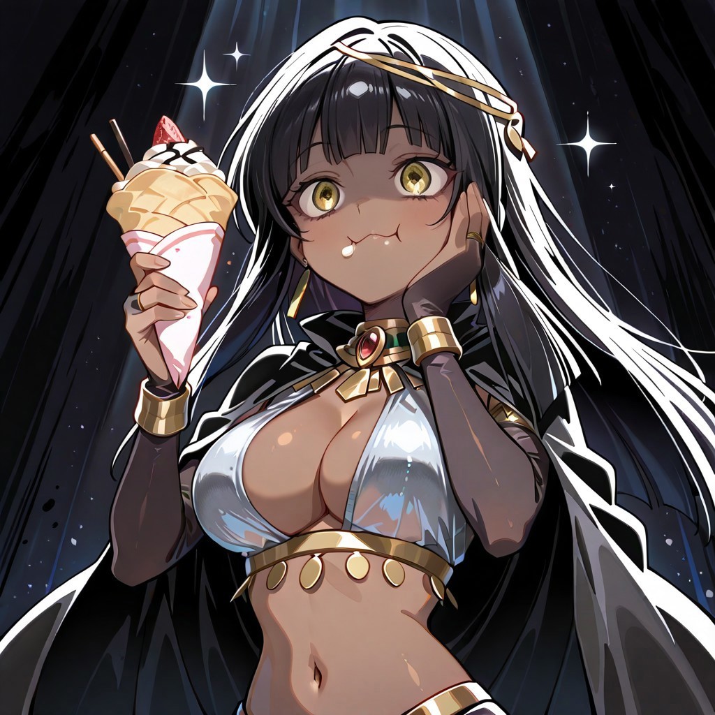 lazypos, 8k, best quality, masterpiece, cinematic lighting, dark moody background with black ink splashes, cel-shaded, highly detailed, expressive eyes, anime character portrait, dynamic composition, NEFEDANCERIL7, 1girl, breasts, dark-skinned female, long hair, bangs, yellow eyes, navel, black hair, jewelry, bridal gauntlets, gold hair ornament, earrings, silver black outfit, cleavage, breasts, see-through black cape, arms raised, holding crepe, eating, happy, sparkly eyes, hands on own cheek, cream crepe, sparkles
