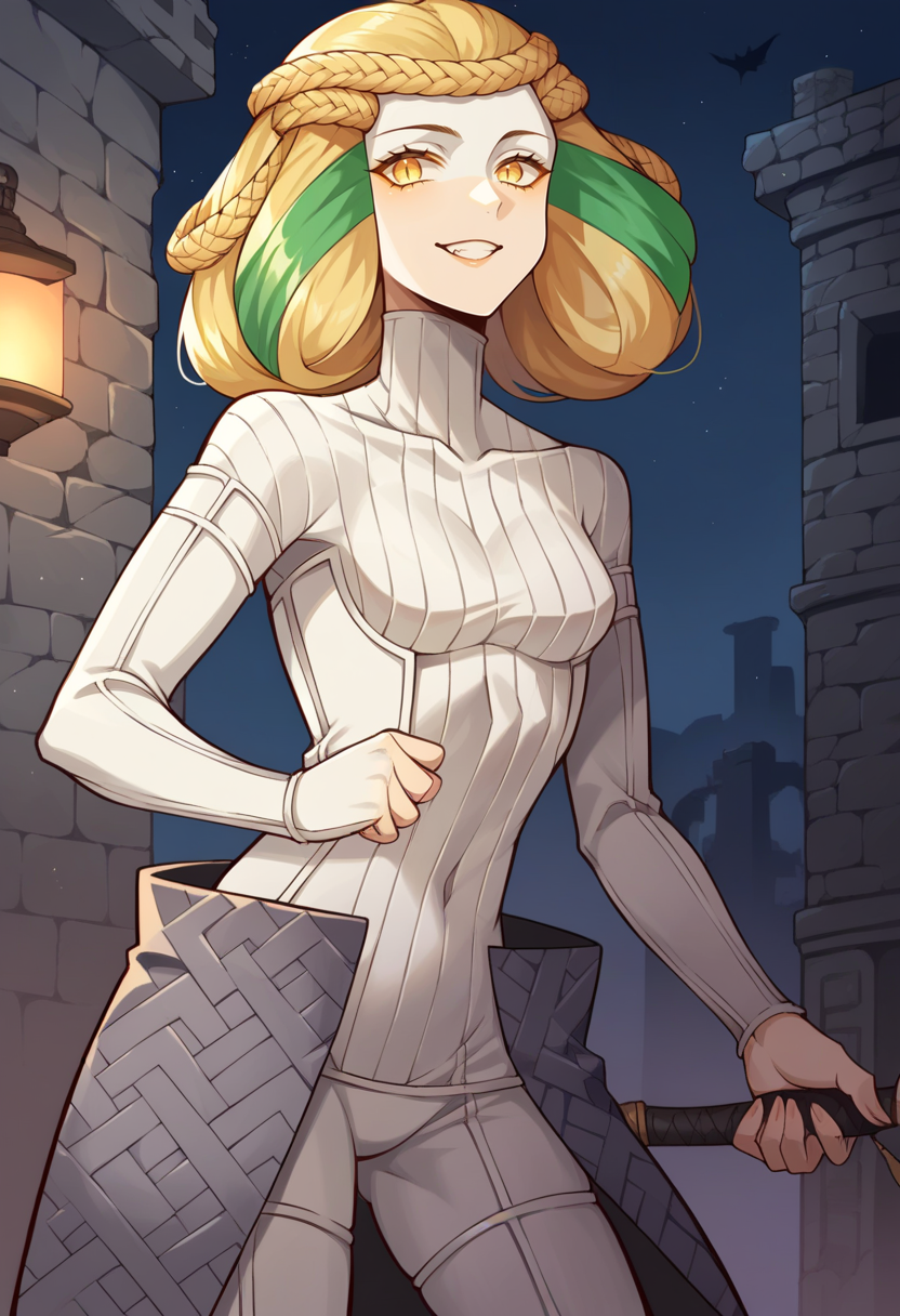 score_9, score_8_up, score_7_up, source_anime BREAK 1girl, solo,
<lora:zs_ClothoXL:1> clothosmt, blonde hair, multicolored hair, green hair, braid, white bodysuit, grey skirt, barefoot
cowboy shot, catacombs, ruins, dark, night, looking at viewer, smile,