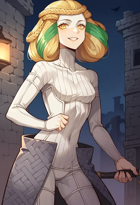 score_9, score_8_up, score_7_up, source_anime BREAK 1girl, solo,
<lora:zs_ClothoXL:1> clothosmt, blonde hair, multicolored hair, green hair, braid, white bodysuit, grey skirt, barefoot
cowboy shot, catacombs, ruins, dark, night, looking at viewer, smile,
