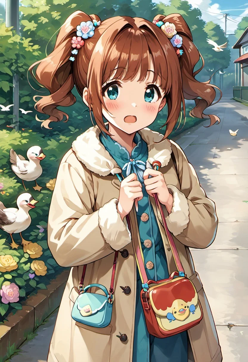 score_9, score_8_up, score_7_up, source_anime,takatsuki yayoi, reddish-brown hair, twintails, aqua eyes, 1girl, bird, solo, open mouth, blush, bag, hair ornament, flower, duck, coat