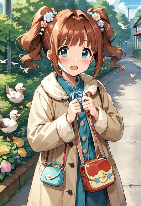 score_9, score_8_up, score_7_up, source_anime,takatsuki yayoi, reddish-brown hair, twintails, aqua eyes, 1girl, bird, solo, open mouth, blush, bag, hair ornament, flower, duck, coat