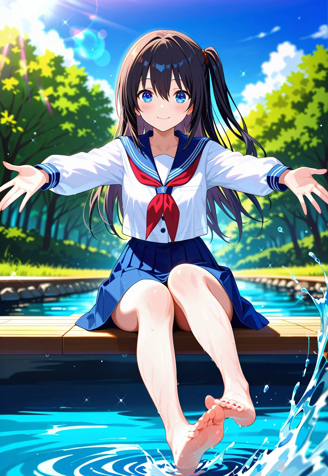 masterpiece, best quality,amazing quality,(1girl), solo,(depth of field),(solo focus),8K,HDR,(ultra high res),(highres),(full body),(lens flare),smile,blush,(nagasemana),bangs,(black hair),(long hair),(blue eyes),(one side up),(hair between eyes),(school uniform),(serafuku),(nagasemana sailor collar),(blue sailor collar),(red neckerchief),(white shirt),(long sleeves),(dress buttons),(nagasemana skirt),(blue skirt),(barefoot),(toenail polish),(no shoes),(sitting),(outdoors),(nature),(balancing),(outstretched arms), water, (blue sky), clouds, (splashing water), (immersed feet), river, (kicking water), playing