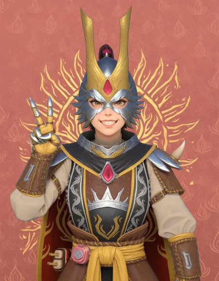 masterpiece, good quality, best quality, 2d, anime, red background, geometric background,
Shugengan, helmet, armor, gauntlets, upper body,
looking at viewer, grin, v,
<lora:Shugengan_Vpred:1>