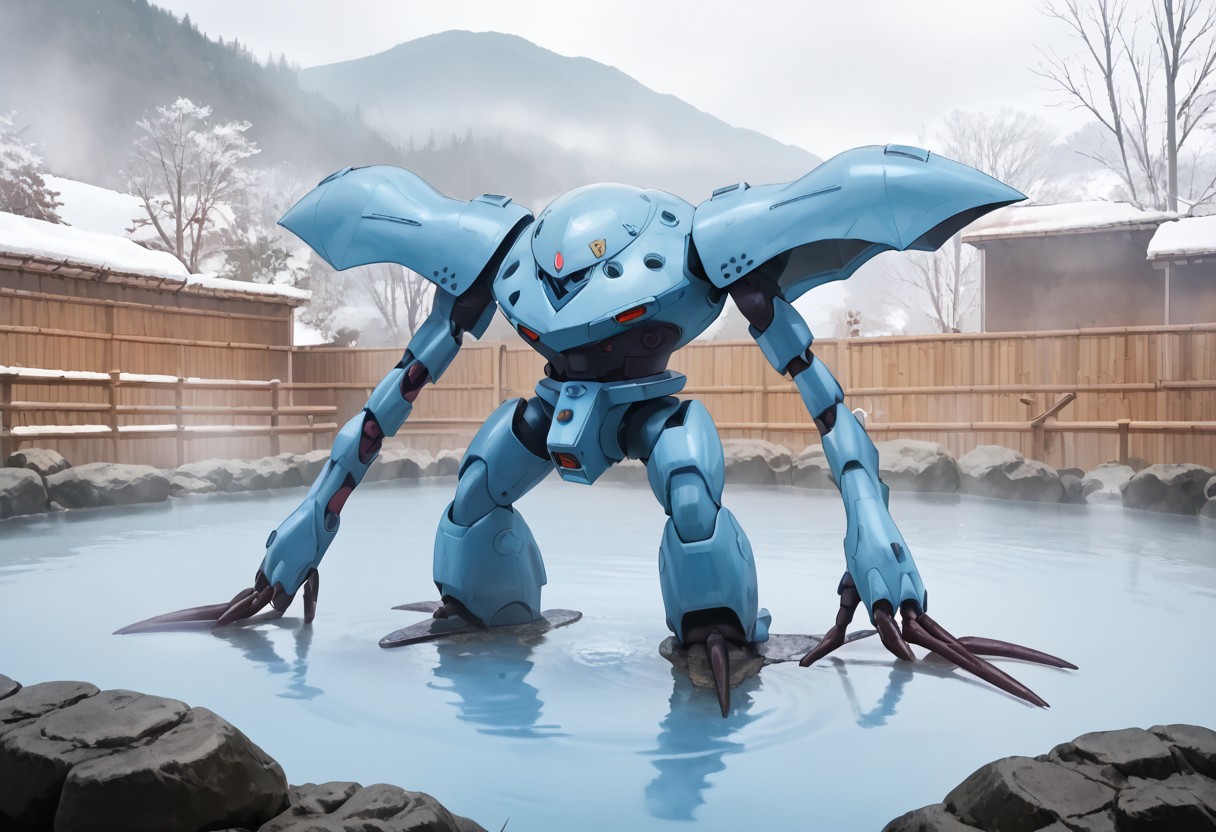 score_9, score_8_up, score_7_up, source_anime, front view, BREAK,  ( hygogg, blue_hygogg_armor, pink monoeye, from side, looking at viewer, long arms, very long arms, long claws) 1mech, blue mech, wide mech, large shoulders, large shoulder armor, mech focus, solo, BREAK, two arms, in hot spring, swimming, ruanyi0653,onsen,fence,rock,water,fog,