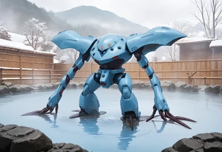 score_9, score_8_up, score_7_up, source_anime, front view, BREAK, ( hygogg, blue_hygogg_armor, pink monoeye, from side, looking at viewer, long arms, very long arms, long claws) 1mech, blue mech, wide mech, large shoulders, large shoulder armor, mech focus, solo, BREAK, two arms, in hot spring, swimming, ruanyi0653,onsen,fence,rock,water,fog,