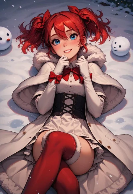 score_9, score_8_up, score_7_up, score_6_up,
1girl, 25 years old, perfect face, cute, petite,
blue eyes,
red hair, short hair, short twintails, hair between eyes, hair bow,
fur trim, fur capelet, white coat dress, fur-trimmed dress, red bow, white gloves,
fur-trimmed thighhighs, red thighhighs,
lying, on back, from above, dynamic pose, dynamic angle, shy smile, crossed legs,
snowing, snow, (snowman), winter,