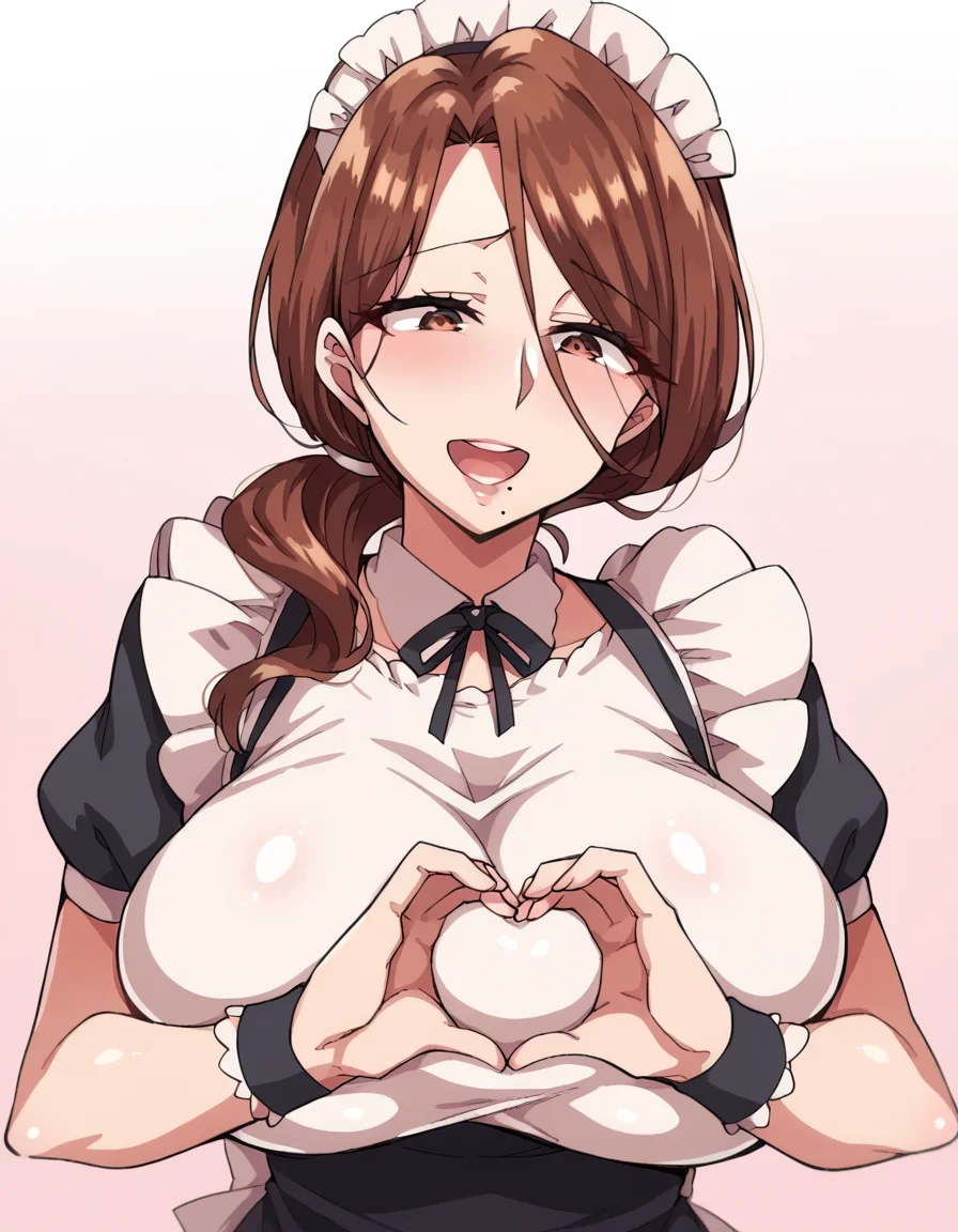 score_9, score_8_up, score_7_up, source_anime, <lora:yumiko-kimura-ova-ponyxl-lora-nochekaiser:1>, yumiko kimura, long hair, brown eyes, mole, huge breasts, mole under mouth, mature female, brown hair,, <lora:moe-moe-kyun-ponyxl-lora-nochekaiser:1> heart-shaped boob challenge, moe moe kyun! heart hands, enmaided, maid, maid headdress, apron, maid apron, ,, open mouth, blush, embarrassed, clsoed eyes, smile,, cowboy shot