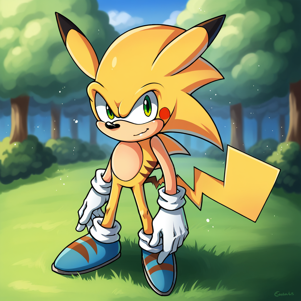 score_9_up, score_8_up, BREAK, source_furry, Sonichu, 1boy, solo, furry, yellow fur, green eyes, tail, white gloves, blue footwear, light particles,  <lora:Sonichu_PXL_Leaf1:1>, looking at viewer, depth of field, outdoors, forest,