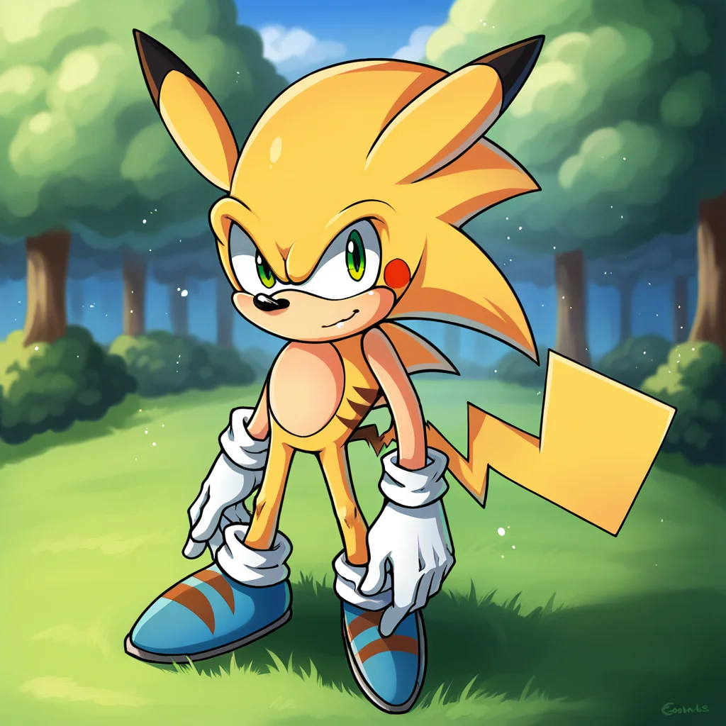score_9_up, score_8_up, BREAK, source_furry, Sonichu, 1boy, solo, furry, yellow fur, green eyes, tail, white gloves, blue footwear, light particles, <lora:Sonichu_PXL_Leaf1:1>, looking at viewer, depth of field, outdoors, forest,