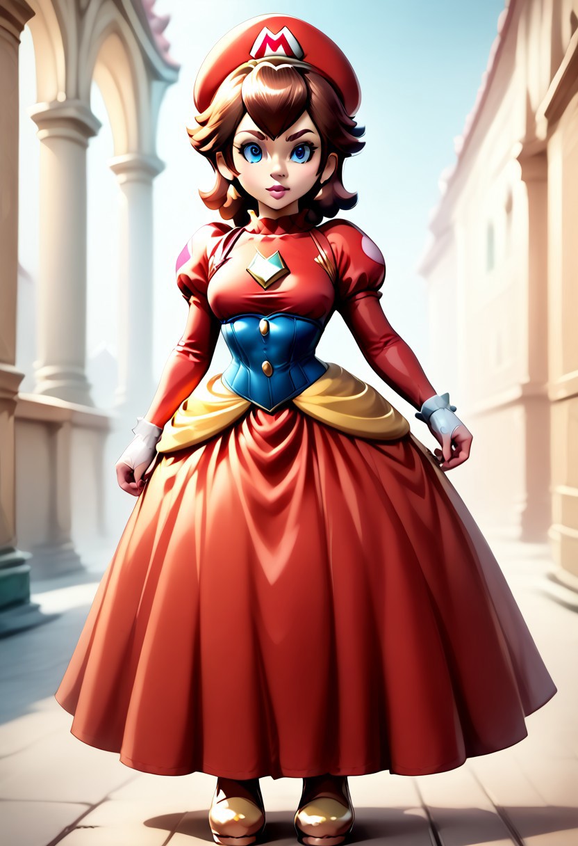 <lora:MtF_Genderswap:1>, genderswap \(mtf\), Mario, facing forward, mario hat, adult woman, extremely large nose, extremely bulbous nose, very wide face, circular head shape, wide chin, wide jawline, brown hair, lightly curly hair, blue eyes, average bust, wide hips, super crown, princess dress, red dress with blue accents, style-princess, underbust corset, fully clothed, zPDXL, score_9, score_8_up, score_7_up, score_6_up, score_5_up, score_4_up,
full body render, full body, photorealistic image, realistic image, high quality, detailed face, realistic human proportions, detailed clothes,