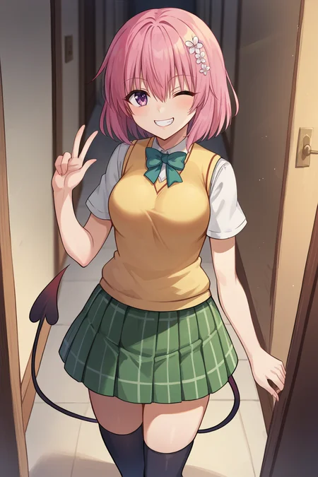 score_9, score_8_up, source_anime, BREAK 1girl <lora:tlrmomo-pdxl-nvwls-v1-000007:1> tlrmomo, pink hair, hair flower, green bowtie, yellow sweater vest, white shirt, short sleeves, green miniskirt, black thighhighs, demon tail, smile, evil grin, looking at viewer, waist up, hallway, standing, wink