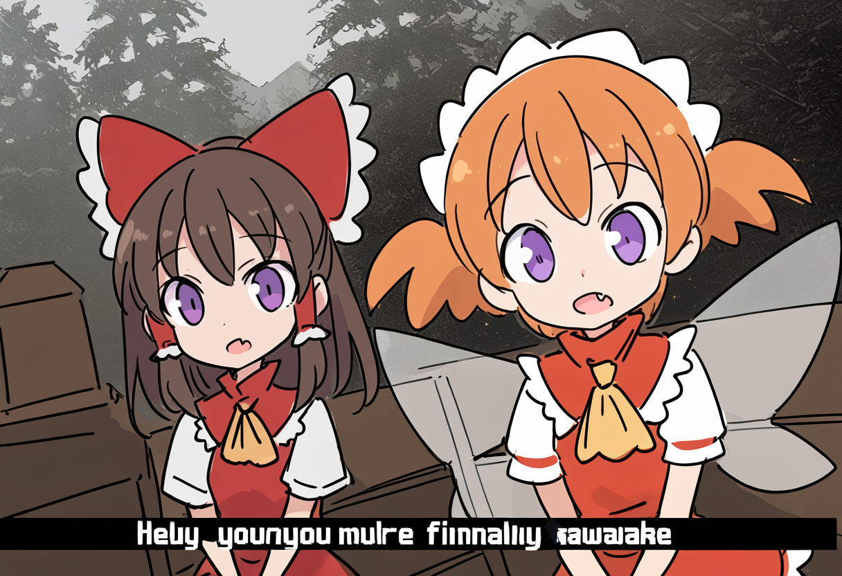 (score_9:0.9),score_8_up,score_7_up,anime style,rating_safe,grey_skin,snow,low light,
BREAK hey you - you're finally awake, hakurei reimu, multiple girls, sunny milk, 2girls, bow, hair bow, wings, detached sleeves, fang, fairy wings, purple eyes, twintails, brown hair, orange hair, red bow, forest, nontraditional miko, ascot, tree, dress, hair tubes, short twintails, nature, short sleeves, long hair, fairy, red dress, headdress,<lora:hey you, you're finally awake ponyXL v3.5:0.8>,