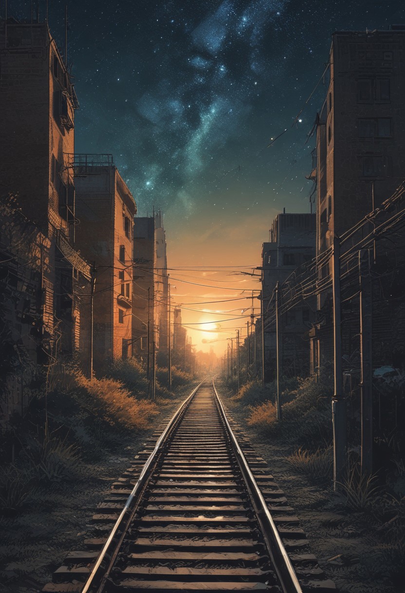 scenery, ((night, starry)), (Japanese anime style), wilderness, distant landscape, empty railroad, sunset, fantastic, loneliness atmosphere, cool tone, minimum lighting, masterpiece, best quality, ultra-detailed