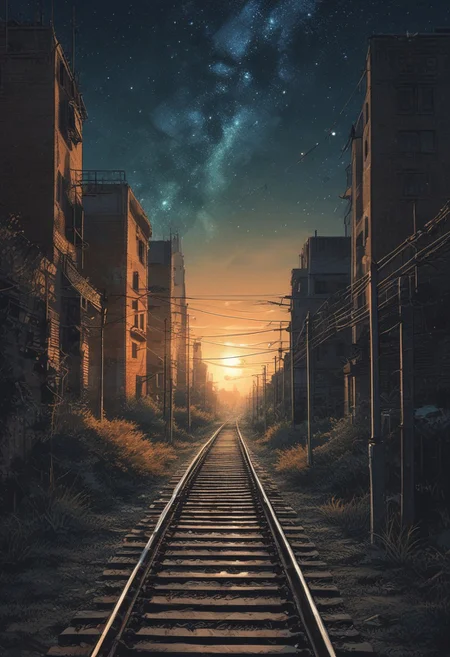 scenery, ((night, starry)), (Japanese anime style), wilderness, distant landscape, empty railroad, sunset, fantastic, loneliness atmosphere, cool tone, minimum lighting, masterpiece, best quality, ultra-detailed