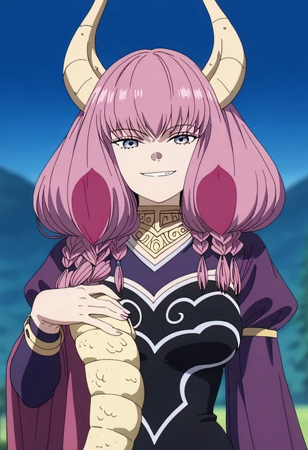 Friestyle, Aura, holding scales, smirk, depth of field,