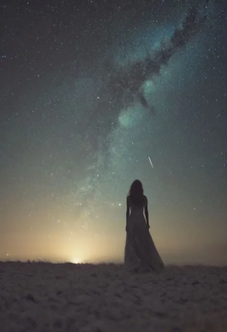 In the embrace of the night's vast expanse, a solitary figure emerges, her silhouette a graceful dance against the deep indigo sky. As the Milky Way casts its gentle glow, she stands, a beacon of strength and resilience amidst the quiet expanse.
With the soft rustle of feathers and hair, she embodies the spirit of her ancestors, a warrior in her own right. In her hand, she holds not just a spear, but a symbol of defiance against the encroaching darkness, a testament to her unwavering spirit.
The low-toned hues of the Milky Way paint a tapestry of dreams and possibilities behind her, a cosmic backdrop to her earthly journey. In this nocturnal tableau, tradition and innovation converge, blending seamlessly into the fabric of her existence.
In her busty silhouette lies the promise of untold tales, where the spirit of the Indianer woman intertwines with the pulse of a world in constant motion. Against the backdrop of the night, she stands, a vision of beauty and strength, ready to carve her own path through the ever-shifting sands of time.