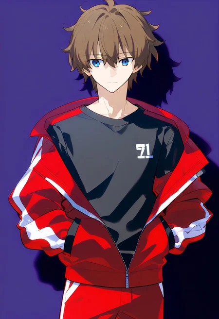 (score_9, score_8_up, score_7_up, source_anime), ((solo)), calm, closed mouth, 1boy, solo, peaceful, closed mouth, small smile, lazy, ((oreki_houtarou)), masculine, brown hair, blue eyes, short hair, ((spiky hair, pointy hair, messy hair)), hair between eyes, red tracksuit, red tracksuit, tracksuit jacket, red jacket, plain jacket, open jacket, black shirt, collard shirt, plain shirt, red trousers, hands in pockets, no background, dark background, cowboy shot, dark background, portrait, prototype design, Expressiveh, takeuchi takashi