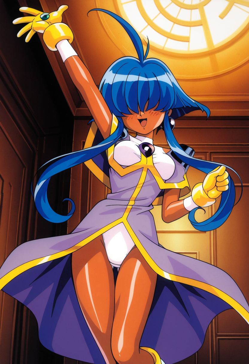 cacao, long_bangs, hair over eyes, long hair, short hair with long locks, blue hair, sidelocks, dark-skinned female, ahoge, dark skin, thigh gap, medium breasts,
earrings, jewelry, light_purple_dress, white _bikini_bottom, yellow gloves, boots,
1990s (style), retro artstyle,
 <lora:cacao_Illustrious-XL_2.0_v1:1>, masterpiece,best quality,amazing quality,1girl, solo, standing, (dynamic pose) , blush,
looking at viewer,cowboy shot,open mouth,light smile, 
(indoors, )