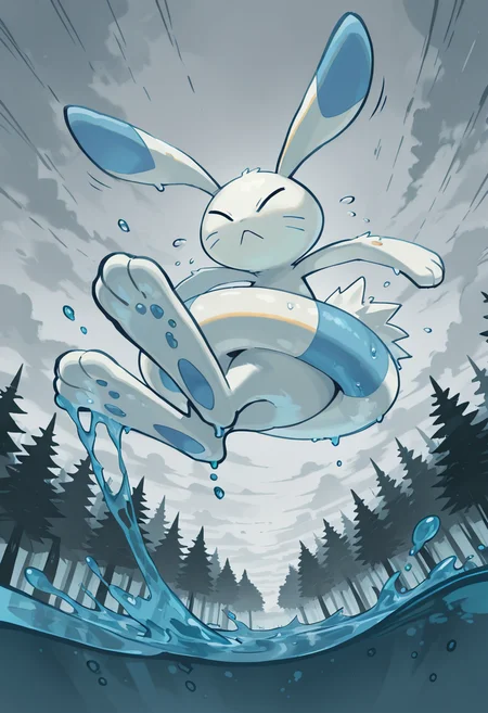 masterpiece, best quality, no humans, zzWarabbit, rainy forest, puddles, overcast sky, mud splashes, low-to-ground perspective, adventurous tone, motion blur â Raindrops ripple across muddy puddles as zzWarabbit charges forward, kicking up a spray of wet earth with each bound. Trees loom overhead, blurred by mist and rain. Its energy is unrelenting, darting through the wet forest with fearless purpose. <lora:WarabbitPokedex_IXL:1.0>,