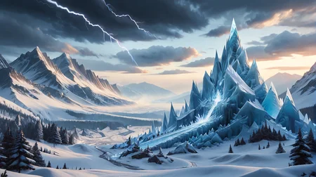 epic scenery, scenic mountain top, beautiful landscape, dark clouds, thunder storm, lightning,  huge black sword,  demon head engraved at sword handle, sword in ice block,  fr0stwrld, snow, ice, high quality, ultra detailed <lora:Fr0stWrld-v10:0.77>