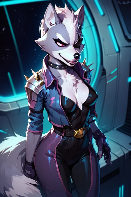 score_9, score_8_up, score_7_up, <lora:Wolf_ODonnell:1> 1girl, wolf o'donnell, in spaceship, medium breasts, eyeliner, female furry,