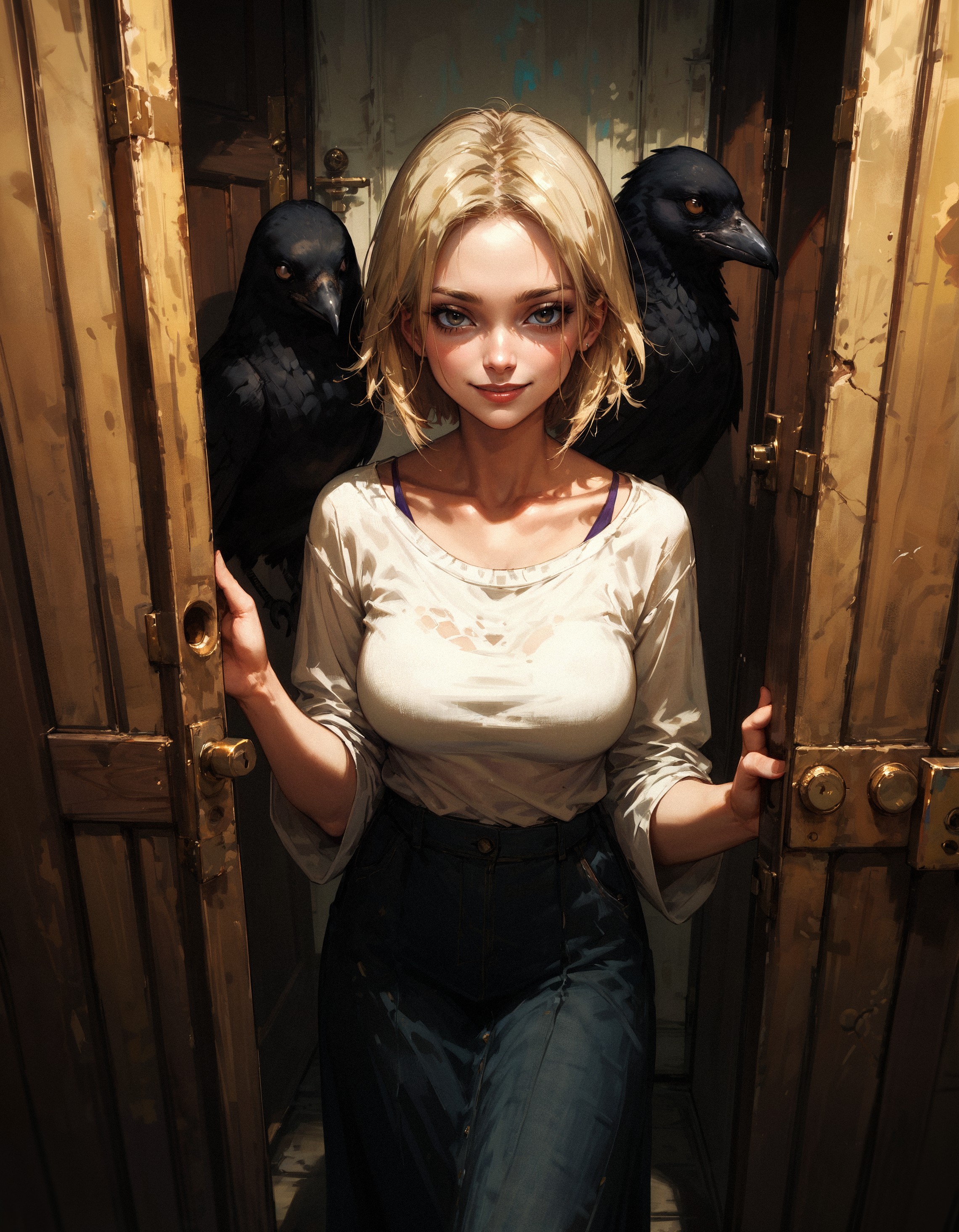 score_9, score_8_up, score_7_up, score_6_up, score_5_up, score_4_up,  1girl, blonde hair, short hair, large breasts, long hair, smile, feral, dark, doorway, raven, crow