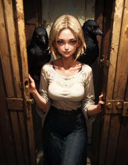 score_9, score_8_up, score_7_up, score_6_up, score_5_up, score_4_up,  1girl, blonde hair, short hair, large breasts, long hair, smile, feral, dark, doorway, raven, crow