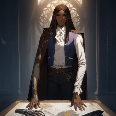 castlevania_(netflix), castlevania style, castl3van1a5tyl3, ((score_9)),score_8_up,score_7_up,score_6_up,score_5_up,score_4_up, 1woman, Artist Style: Urushihara Satoshi, masterpiece, highres, high quality, greta_of_danesti, BREAK, greta, long hair, brown hair, (brown eyes:1.5), dark skin, dark-skinned female, BREAK shirt, long sleeves, white shirt, boots, belt, pants, cape, black footwear, vest, knee boots, BREAK looking at viewer, BREAK indoors, BREAK (masterpiece:1.2), best quality, high resolution, unity 8k wallpaper, (illustration:0.8), (beautiful detailed eyes:1.6), extremely detailed face, perfect lighting, extremely detailed CG, (perfect hands, perfect anatomy)