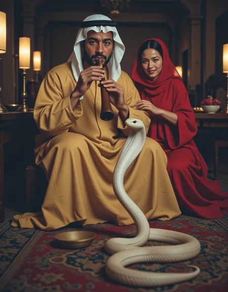 cinematic film still , masterpiece, best quality, very aesthetic, absurdres, from below, volumetric lighting, sfw,
art by Riyoko Ikeda, \Chloe (fate)\,
1man, Arab snake charmer, He sits cross-legged, draped in a flowing, beige djellaba, his hands nimbly dancing over the polished, dark-wood flute. A large white python is dancing before him.
1girl, Arab belly dancer, she is wearing red belly dancer heram outfit and face veil, happily dancing next to the python.
background is A medieval kingdom ruled by knights and wizards,
<lora:moroccan-snake-charmer:1> <lora:flux_cultures_age_v308:1> <lora:HaremOutfit_v1.0_000001250:1>, . shallow depth of field, vignette, highly detailed, high budget, bokeh, cinemascope, moody, epic, gorgeous, film grain, grainyâââ