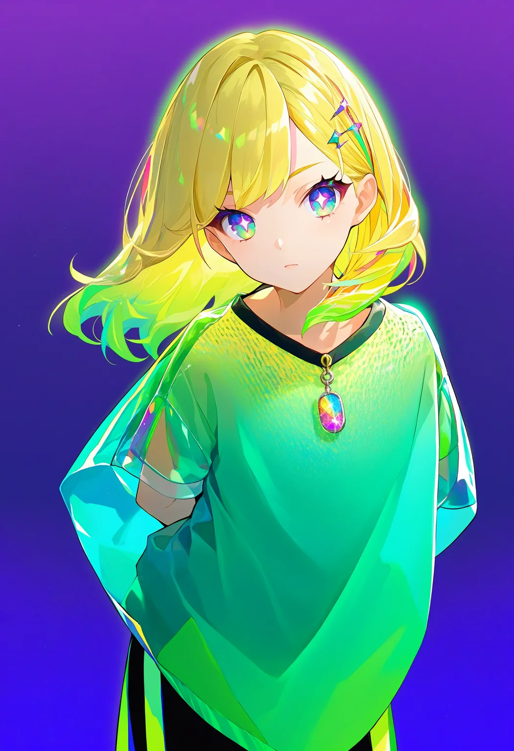 colorful, color prism, green theme, purple background, gradient background, blonde hair, arms behind back, leaning forward, looking at viewer, symbol-shaped pupils,
score_9, score_8_up, score_7_up, score_6_up, source_anime, absurdres, masterpiece, best quality, very aesthetic
<lora:pony_color_theory_dora_v1:0.9>
