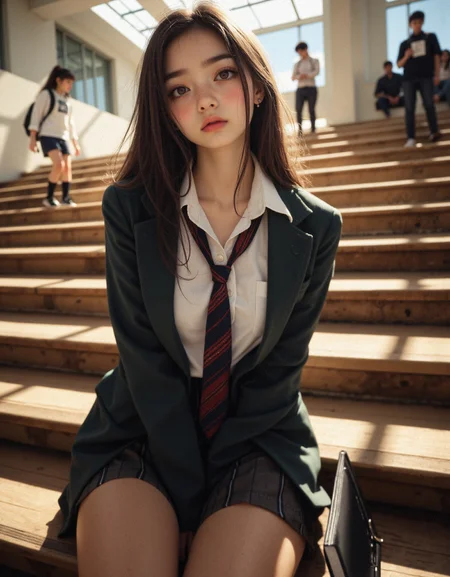 hyper-realisitic, hyper-detailed, detailed foreground,  RAW photo, detailed clothing, detailed lighting,  midjourney_whisper_innocent_eyes, Captured in a pocket of calm before the next rush of bells and footsteps, she sits at the edge of the wooden amphitheater steps. Her school blazer is slightly unbuttoned, the shirt beneath wrinkled at the seams—evidence of a full day already lived. The school tie rests slightly askew, its red stripe catching a highlight from the sunbeams falling from the skylight above. Her pose is casual yet perfectly composed—one knee lifted, her arm wrapped loosely around it, while the other hand clutches a folded notebook she never quite put away. Long hair falls effortlessly across one shoulder, framing her soft but mischievous half-smile. The portrait is framed from knee to head, angled from below to emphasize her leaning posture and upward gaze. The background fades into blurred student silhouettes and open air, light filtering through high glass panels. The mood is golden and intimate—the glow of youth captured in a moment between thoughts. Her gaze isn’t challenging, but confident. She knows who she is. You’re just catching up.                                    <lora:MoriiMee_Gothic_Niji_Style_FLUX:0.5000000000000001> <lora:midjourney_whisper_innocent_eyes_v01:0.5000000000000001>