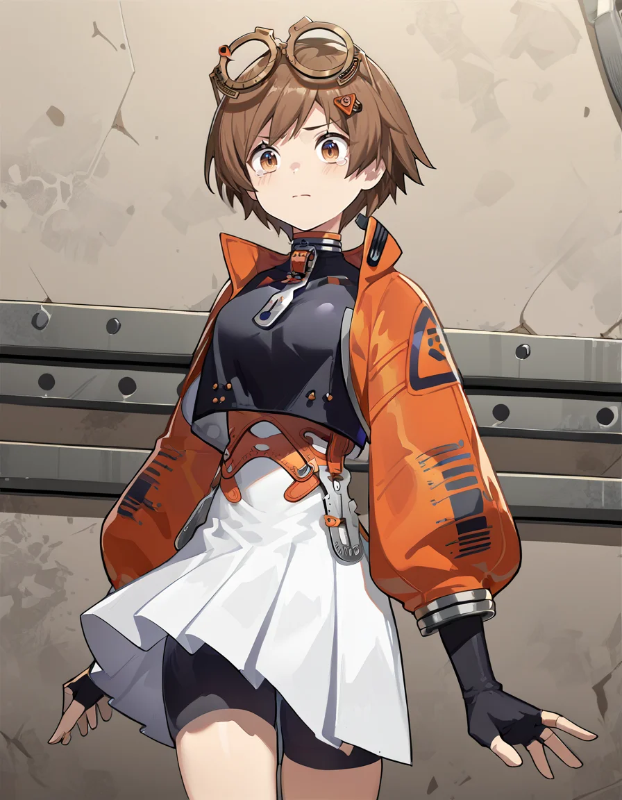 score_7_up,score_8_up,score_9,source_anime,
<lora:qianqiu_pony:0.8>,felllowmoon-qianqiu,1girl,solo,brown hair,gloves,short hair,orange jacket,fingerless gloves,bike shorts,brown eyes,black gloves,hair ornament,jacket,shorts,glasses,skirt,eyewear on head,goggles,tearing_clothes,tearing_up,shou,<lora:Anime_Screencap:1>,anime screencap,