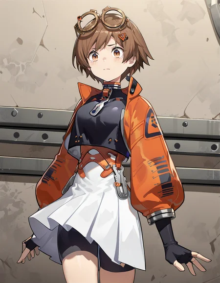 score_7_up,score_8_up,score_9,source_anime,
<lora:qianqiu_pony:0.8>,felllowmoon-qianqiu,1girl,solo,brown hair,gloves,short hair,orange jacket,fingerless gloves,bike shorts,brown eyes,black gloves,hair ornament,jacket,shorts,glasses,skirt,eyewear on head,goggles,tearing_clothes,tearing_up,shou,<lora:Anime_Screencap:1>,anime screencap,