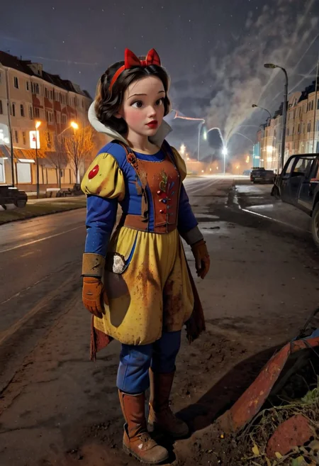 Rusted, rusted landscape, an adult Disney princess Snow White, wearing a Hazmat suit, walking on a side walk in a run down russian city, smoke, chem trails, extreme close-up, portrait, raw, masterpiece, extreme insanely realistic detailed and intricate, extreme realistic detail, doomer aesthetics, depressing feelings, night, panelka,vintage painting,painting,realism,