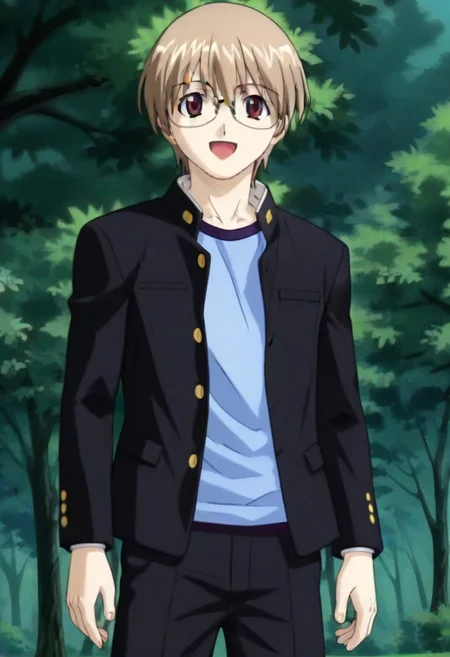 ((masterpiece)), ((best quality)), ((ultra-detailed)), ((absurdres)), score_9_up, score_8_up, score_7_up,
HD, top quality, best quality, amazing quality, High-quality illustrations, anime screencap, source_anime, best aesthetic, perfect proportions, perfect eyes, 1boy, 1male, solo boy, solo male, male focus, solo male focus, Anime, boy, male anime character, anime boy, handsome, attractive, cute, charming, sexy, hot, ((short, short body, short height)), ((slim body, slender body, thin body)), Kei Kusanagi, light brown hair, red eyes, glasses, black plain blazer, blue undershirt, untucked shirt, black pants, updn, easynegative, neghands, Expressiveh, ((happy, bright expression, positive emotion)), ((sunny day, outside, trees, street))