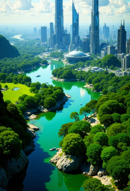 Aerial view of futuristic cityscape with towering skyscrapers, green rivers, and lush trees; high aesthetic quality, clear focus.
<lora:artilands_v02_epoch_6:1>