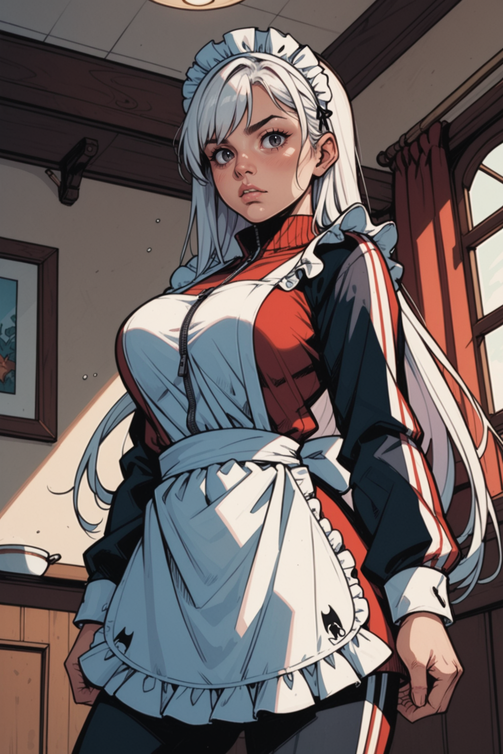 1girl, maid, black eyes, maid headdress, solo, apron, track suit, unconventional maid, ja-jimeido, long sleeves, maid headdress, jacket, frilled apron, holding bat, bat, bat on shoulder , looking at viewer, white hair, indoors, track jacket, jacket, very long hair, white apron, maid apron, frilled apron, black pants, standing, window, frills, black jacket, zipper, long sleeves, holding, zipper pull tab pants, from below, rack pants, shadow, mouth closed, holding, large breasts, sunlight, parted  ja-jimeido, long sleeves, maid headdress, jacket, frilled apron holding club, fighting stance,, zPDXL3, detailxl,  Score_PnyReal,