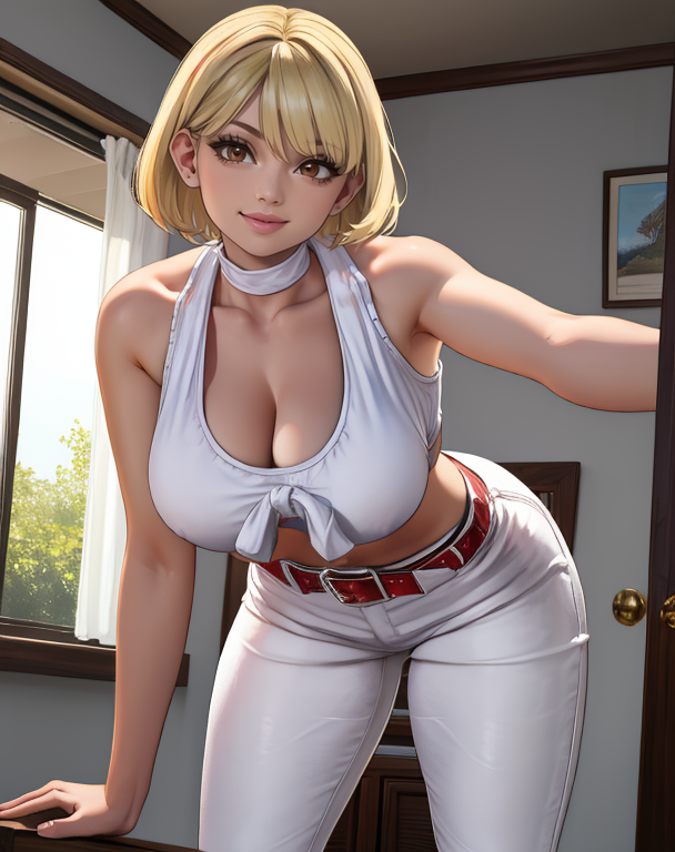 ashleyc,brown eyes,blonde hair,lips,short hair,
white pants,red belt,white neck band,white topknot,midriff,
mansion,indoors,
leaning forward,smile,
(insanely detailed, masterpiece, beautiful face, best quality),solo,<lora:ashleyC:0.8>,
