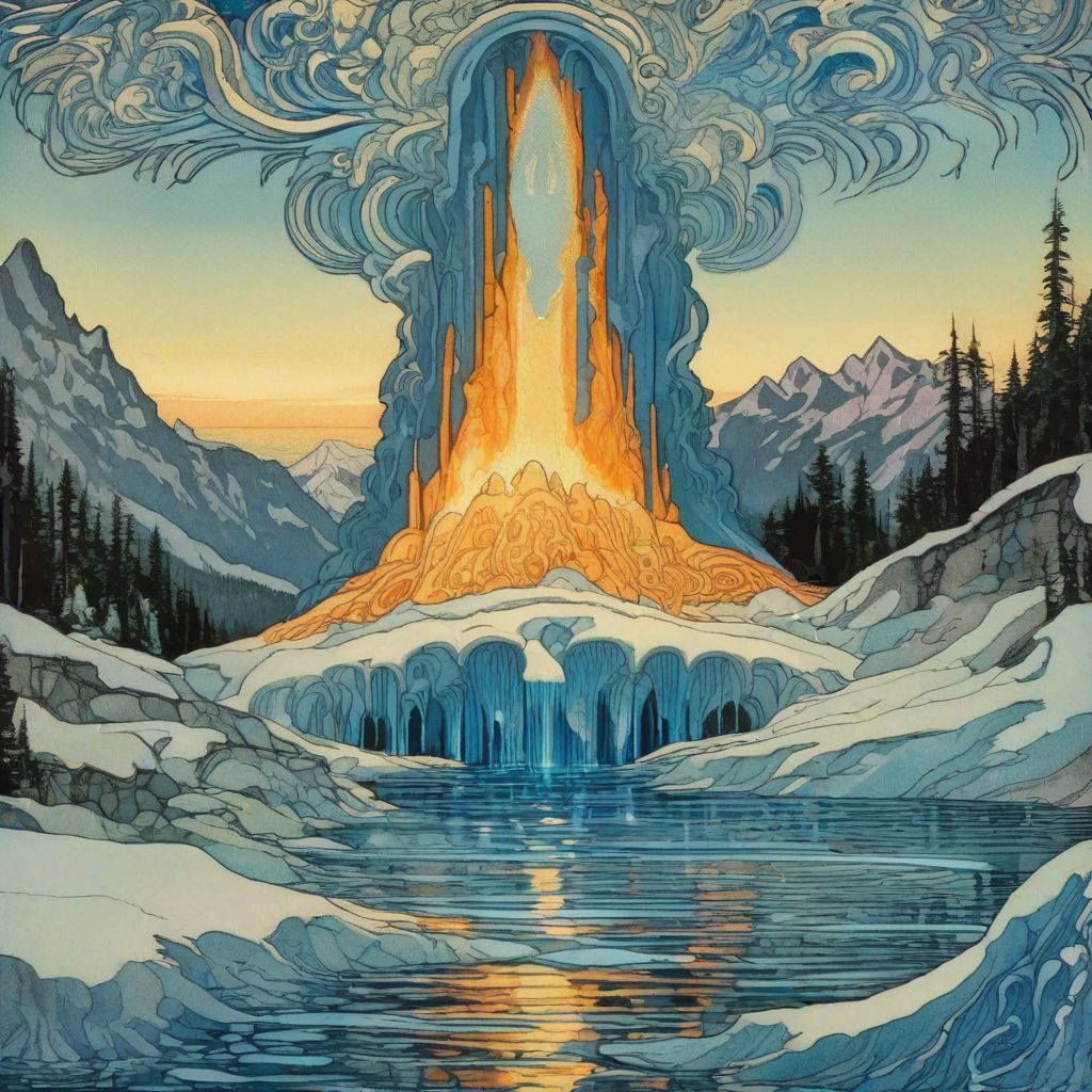 Ivan Bilibin Style - a magical Water geyser spurts from the ground with great force. A blue glow radiates from within. It's surrounded by an ice lake, with mountains in the background.
