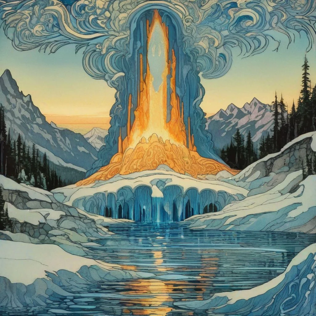 Ivan Bilibin Style - a magical Water geyser spurts from the ground with great force. A blue glow radiates from within. It's surrounded by an ice lake, with mountains in the background.