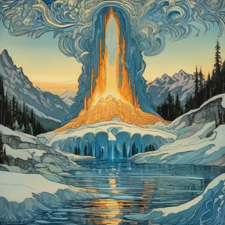 Ivan Bilibin Style - a magical Water geyser spurts from the ground with great force. A blue glow radiates from within. It's surrounded by an ice lake, with mountains in the background.