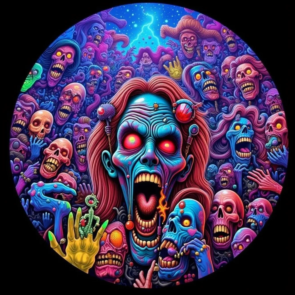 psychedelic style concept art horror-themed Dark Fantasy Art, <lora:Undead Apocalypse v1:1> und34dpsy, a psychedelic traveling circus run entirely by colorful zombies: the juggler tosses flaming brains, the contortionist has detachable limbs, and the fortune teller pulls dreams out of skulls. Everything glows â cotton candy is made of nebula mist, and rides twist into impossible geometries. Shot from a fisheye perspective, with colors vibrating like a lava lamp. The undead laugh hysterically⦠even their decapitated heads., dark, moody, dark fantasy style . eerie, unsettling, dark, spooky, suspenseful, grim, highly detailed . digital artwork, illustrative, painterly, matte painting, highly detailed . vibrant colors, swirling patterns, abstract forms, surreal, trippy