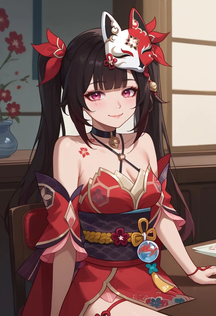score_9, score_8_up, score_7_up, source_anime, 1girl, sparkledef, pink eyes, long hair, twintails, fox mask, mask on head, bell, black choker, bare shoulders, flower tattoo, criss-cross halter, detached sleeves, red dress, japanese clothes, obi, black sash, black gloves, single glove, thigh strap, sitting, on chair, table, head rest, elbow rest, smile, closed mouth, looking at viewer, indoors, portrait, close-up, upper body, facing viewer, <lora:Sparkle_v1-000010:1>