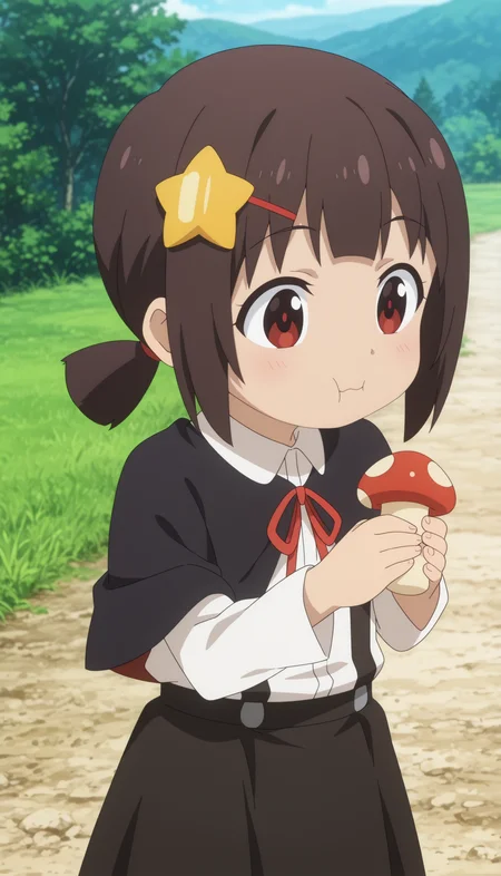 newest, anime coloring, 1girl, komekko, child girl, shorty, black skirt, black capelet, white long sleeve shirt, black suspenders, eat mushroom, outdoors, <lora:Megumin_komekko_yuiyui_yunyun_kazuma-PDXL_illustrious_v5:1>