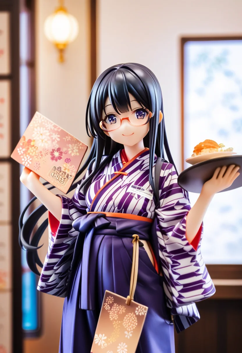 score_9, score_8_up, score_7_up, rating_safe, masterpiece, best quality, absurdres, unity 8k wallpaper, official art, official style, source_anime, uncensored, game cg, megami magazine,
BMC, 1girl, solo, glasses, japanese clothes, yagasuri, hakama skirt, purple hakama, kimono, black hair, indoors, happy, smile, standing, looking at viewer, holding menu,
<lora:basyamichi_PONY_V1:1>